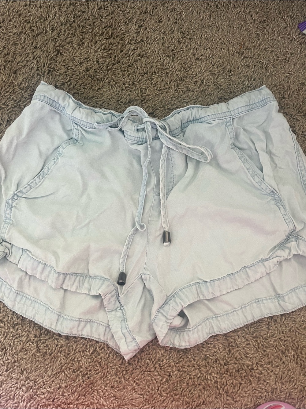 Light Blue Women's Drawstring Ruffle Hem Shorts